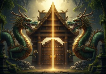 Obraz premium Ancient golden dragon statue at traditional Chinese gate features traditional Chinesear chitecture and art reflecting the giant dragon carving macro style of Asian culture and religion