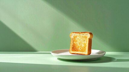 Eye-level shot of toasted bread slice on white plate. Mint green background with sharp diagonal shadows. Content for bakery marketing, breakfast menu, nutrition and food styling concepts.