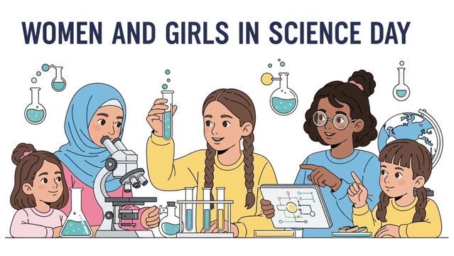 Diverse group of women and girls engaged in scientific experiments on a laboratory table with various equipment on Women and Girls in Science Day.