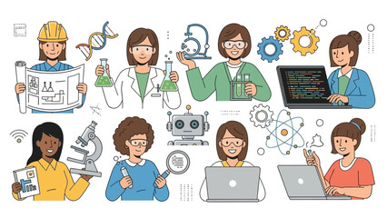 Illustration of diverse women engaging in various science and technology activities on a clean white background for Women and Girls in Science Day.