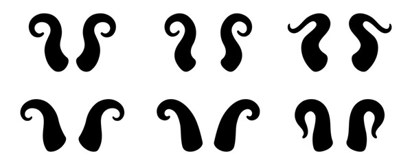 Collection of curved horns. Vector black animal horns. Set for fantasy, gothic, and decorative illustration themes