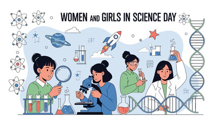 Illustration of three women in lab coats engaged in scientific experiments and research on Women and Girls in Science Day with various scientific symbols in the background.