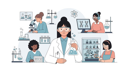 Illustration of diverse women and girls engaged in scientific research and experiments in a laboratory setting, celebrating Women and Girls in Science Day with various lab equipment and