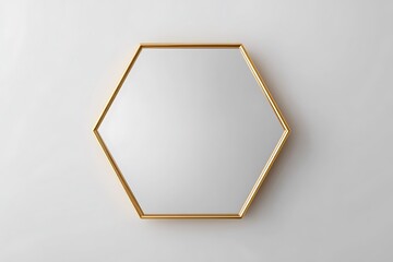 A hexagonal mirror with minimalistic golden frame, pale white background, sleek and stylish design