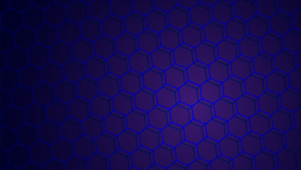 Abstract purple and blue hexagon technology background with glowing geometric pattern. Futuristic digital design for innovation, data network, modern technology, and sci fi concept.