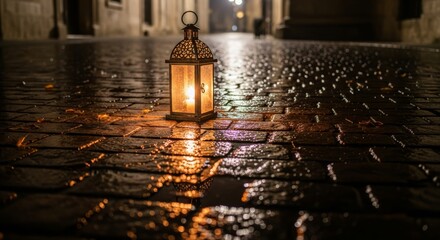 An antique street lantern casts a romantic vintage light against the dark night in old Prague, glowing like a burning candle flame for a nostalgic christmas decoration