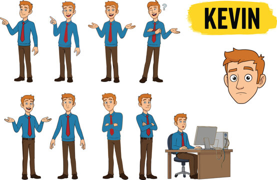 Collection of cartoon man 'kevin' in various poses and expressions