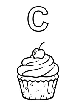 Letter C Coloring Book Page for Kids with Cute Cupcake. Vector Outline Illustration.