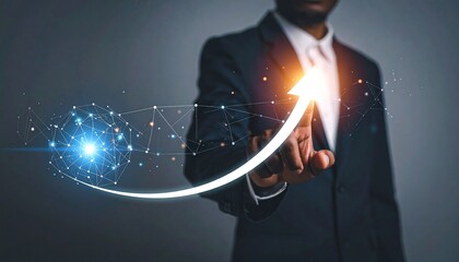 Businessman pointing upward with glowing arrow, representing business growth and success.