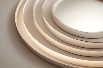 Obraz premium A layered round mirror with concentric metallic rings, soft cream backdrop, futuristic and stylish
