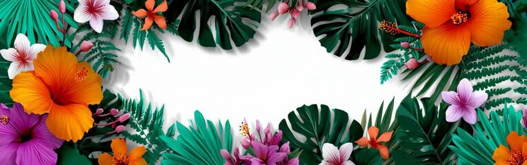 Vibrant tropical flower border with hibiscus and plumeria, lush leaves framing a white center gleam