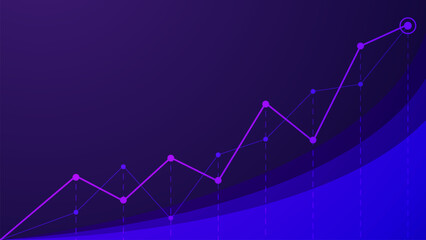 Abstract financial growth background with glowing purple data chart and rising trend line. Modern business analytics concept design with copy space for presentation, report, or marketing use