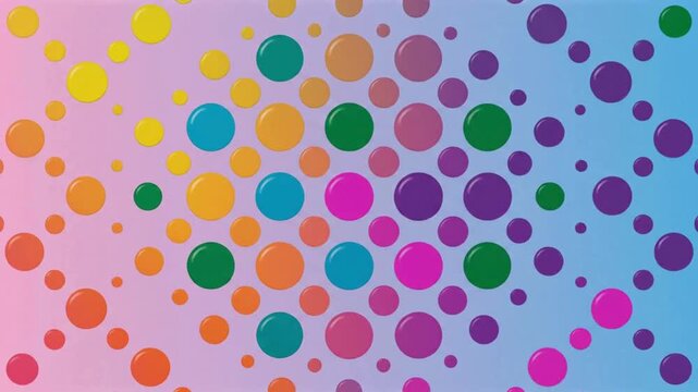 Vibrant abstract background featuring numerous glossy, colorful circles of various sizes arranged on a smooth gradient from pink to blue.