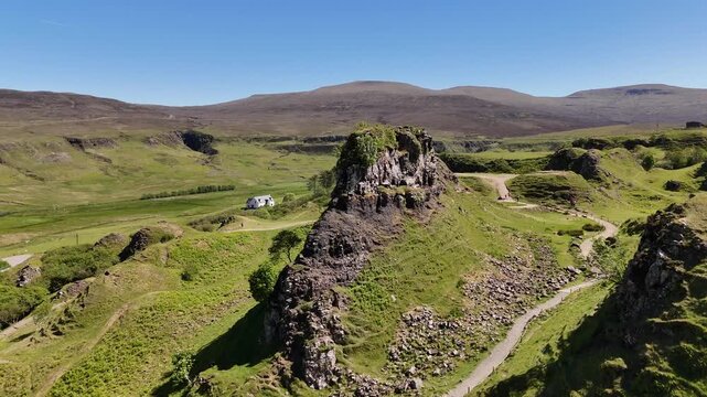 Aerial view of Castle Ewen in Fairy Glen, Isle of Skye, Scotland