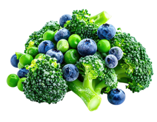 Heap of frosted broccoli, blueberries, and green peas