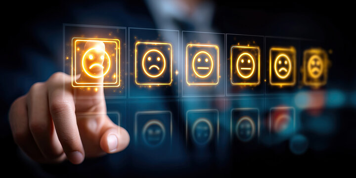 Finger presses sad emoticon on glowing satisfaction scale, indicating complaint