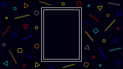 Colorful geometric memphis style background with abstract shapes and white frame on dark backdrop. Modern retro design template with empty copy space for poster, banner, or presentation