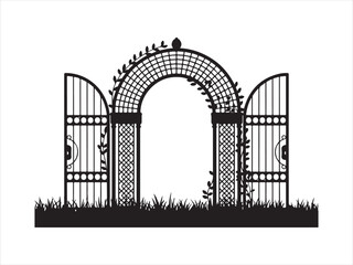 Naklejka premium Decorative garden gate silhouette, Ornate wrought iron gate silhouette vector illustration