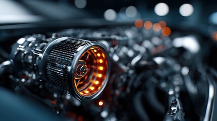 Detailed Engine Close Up with Lit Filter and Bokeh Background Shot