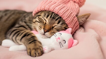 Striped Cat Napping with Toy  Beanie on Pink Blanket Soft dream.
