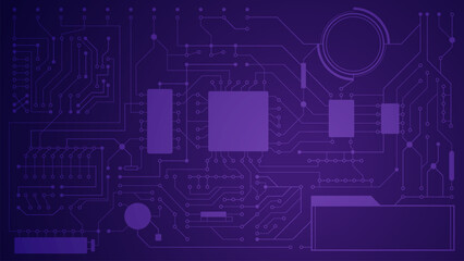 Abstract purple technology background with electronic circuit board pattern and microchip elements. Futuristic digital network design for technology, innovation, data, and cyber concept.