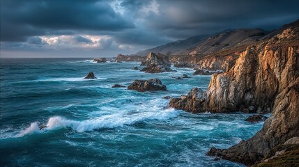 Dramatic Coastal Seascape with Rugged Cliffs and Turbulent Ocean Water