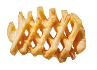 Golden Waffle Fries Stacked on a Pure White Background, Crispy Lattice-Cut Potato Snacks for Fast Food Menus and Appetizers