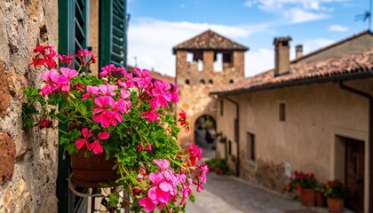 Charming Italian Village Street Scene with Vibrant Pink Flowers and Stone Buildings.