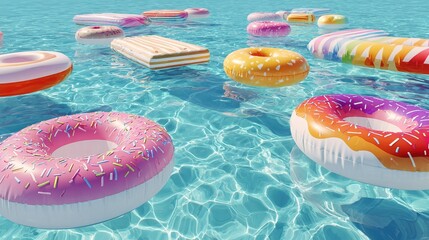 Summer Fun Playful Colorful Inflatable Donut and Mattress Floats on Water