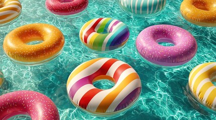 Summer Vivid Floating Ring Tubes in a Pool with Water Ripples