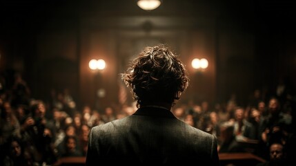 Dramatic Audience Perspective Man Speech In Dark Auditorium Conference Hall