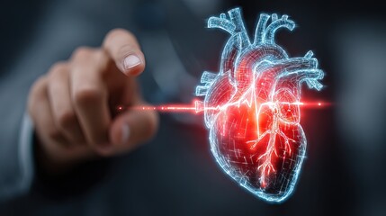 Wireframe Illuminated Heart with Hand and Glowing Pulse Line Illustration
