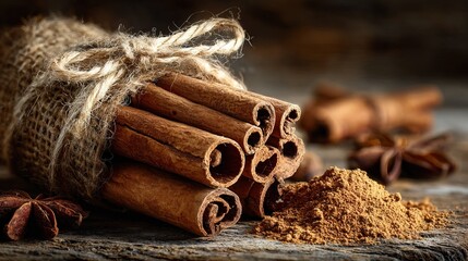 Rustic Still Life Cinnamon Stick Bundle with Anise Star and Powder