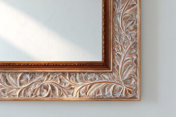 A rectangular mirror framed with carved wooden patterns, light pastel background, rich detail and HD clarity