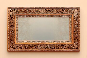 A rectangular mirror framed with carved wooden patterns, light pastel background, rich detail and HD clarity