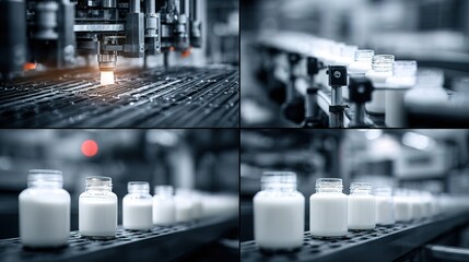 Industrial Automated Milk Bottling Process Collage Showing Production Line Details