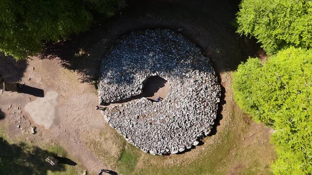 Drone shot of Clava Cairns prehistoric passage graves, Scotland, UK