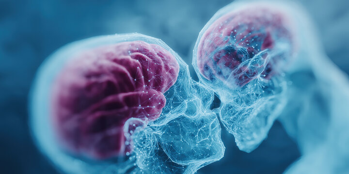 Two connected brains visualize digital networks, suggesting shared intelligence interface.