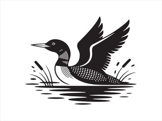 Obraz premium Flying Loon Water silhouette, Duck or loon silhouette vector art, Duck or loon vector icon design