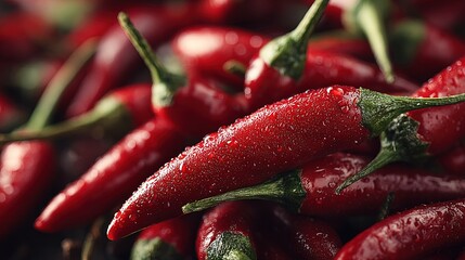Close Up Fresh Red Chili Pepper with Water Droplets Macro Food