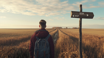 Rear View of Traveler with Backpack Standing on Country Road Looking at Wooden Direction Signpost with Years 2026 and 2027 Representing Future Planning and Life Choice