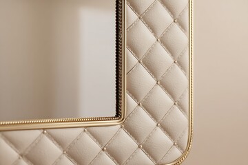 A rectangular mirror with quilted leather frame, soft neutral background, luxurious and detailed