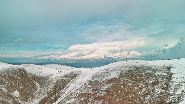 aerial view of the mountains in winter