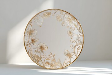 A round decorative mirror with golden floral frame, light beige background, soft shadows, HD and detailed