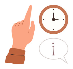 Time management, information sharing, communication, scheduling, deadlines, efficiency. A hand pointing at a clock with an information symbol. Time management and information sharing concept © robu_s