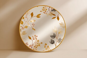 A round decorative mirror with golden floral frame, light beige background, soft shadows, HD and detailed