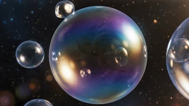 Iridescent bubbles floating in a dark, star-filled cosmic space, suggesting a multiverse concept.