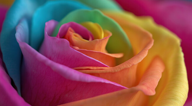 Rainbow rose petals curl in macro, creating vibrant layered spira