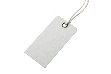 Blank white rectangular price tag with string isolated on transparent background