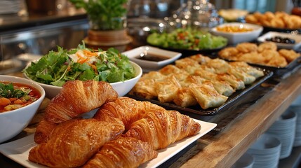 Fototapeta premium Eye Level Buffet Food Display Including Croissant, Salad and Pastry